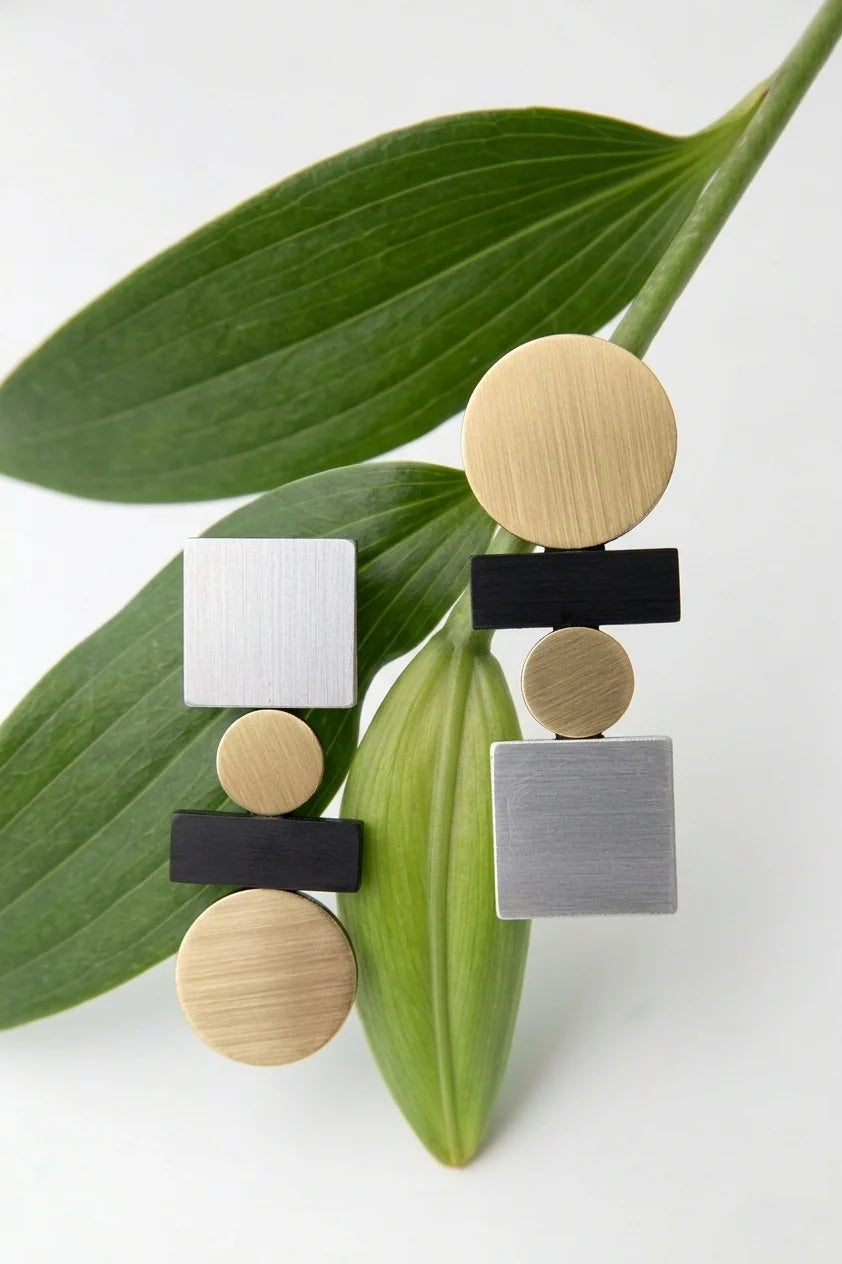 Iskin Sisters Bauhaus Earrings Large - BLACK, GOLD & SILVER
