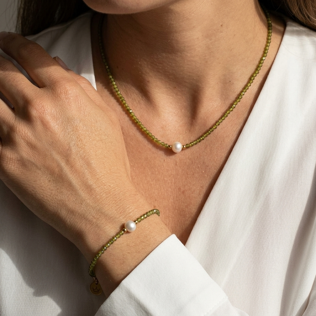 Set of Freshwater Pearl and Natural Peridot Necklace & Bracelet