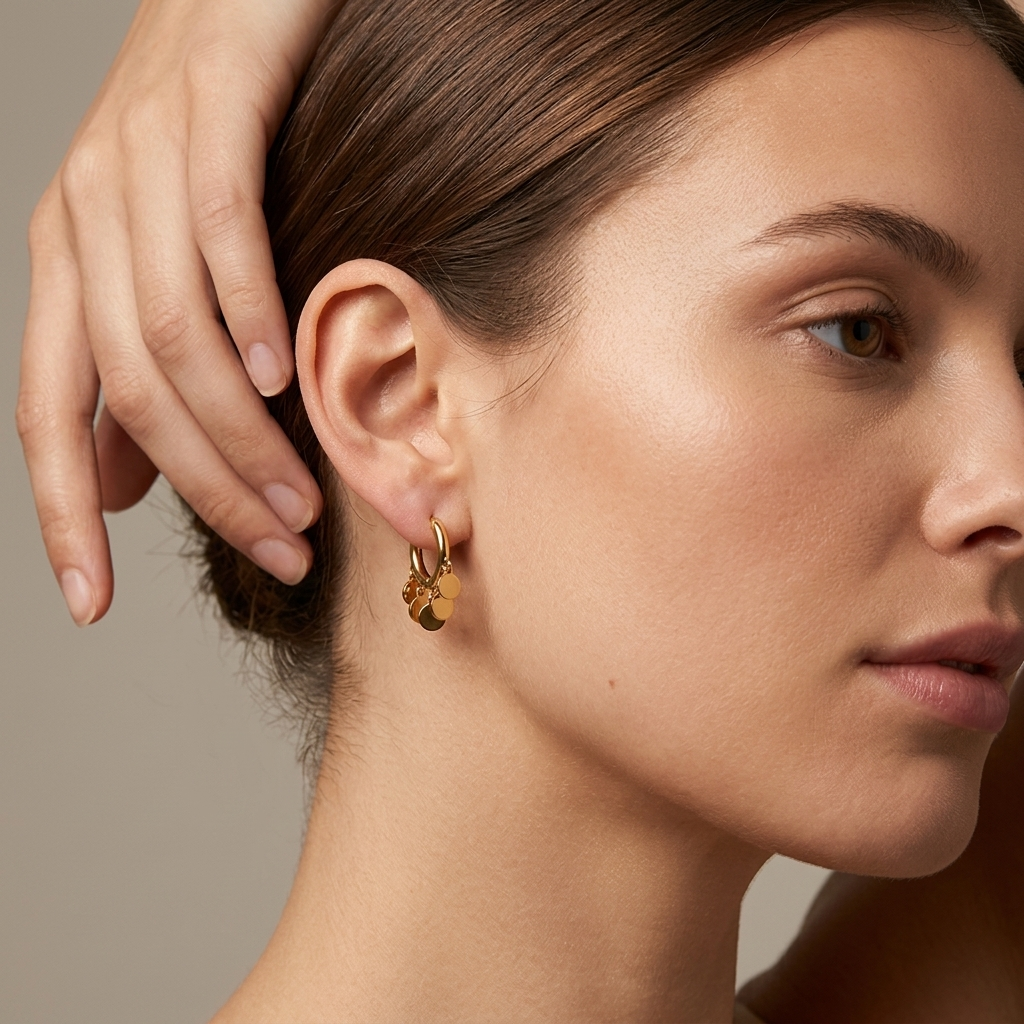 Golden Charm Disc Huggie Hoop Earrings