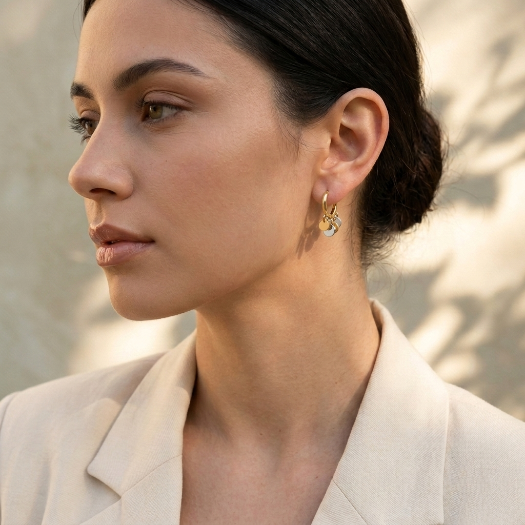 Silver-Gold Two-Toned Charm Disc Huggie Hoop Earrings