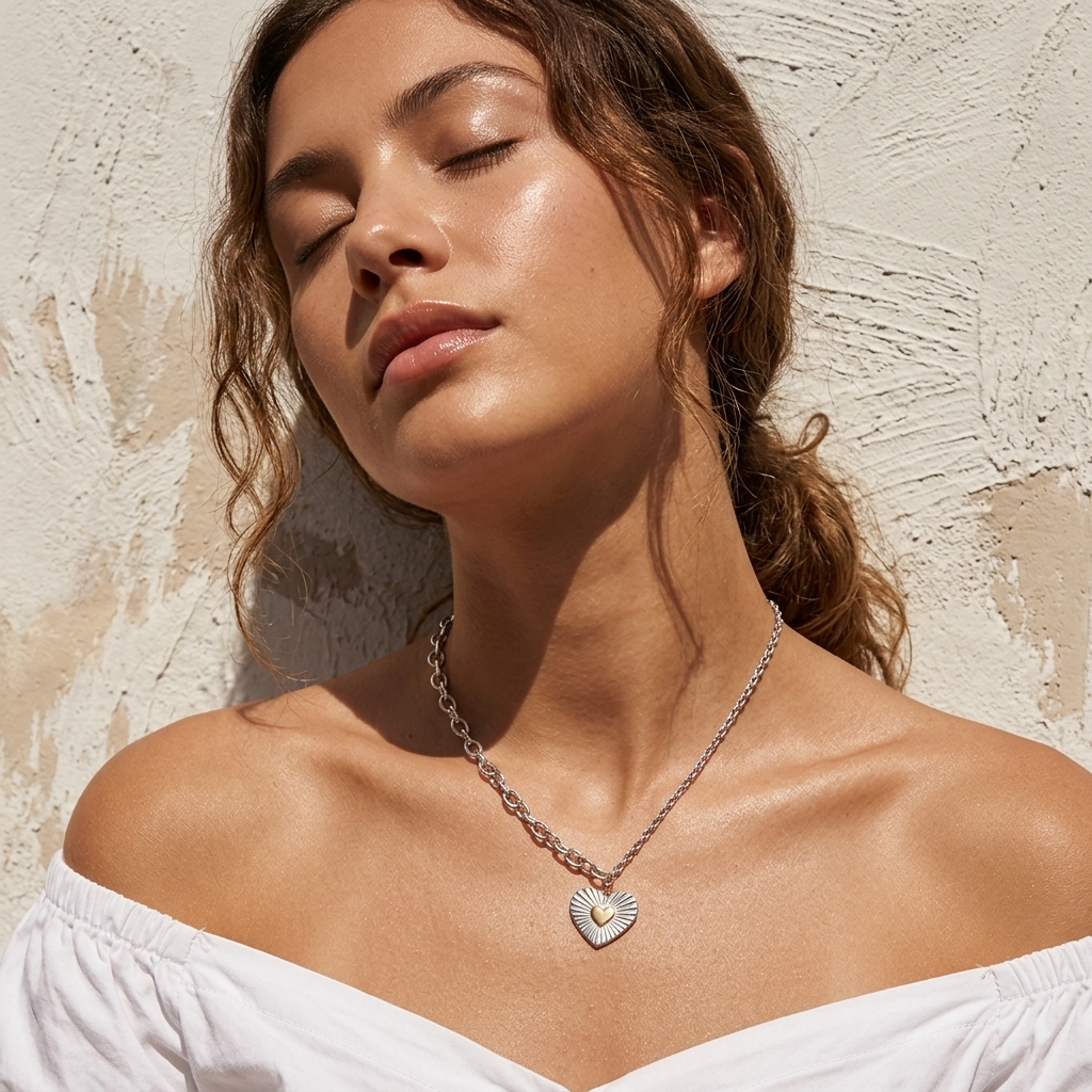 Two-Toned Heart Pendant Necklace - Silver
