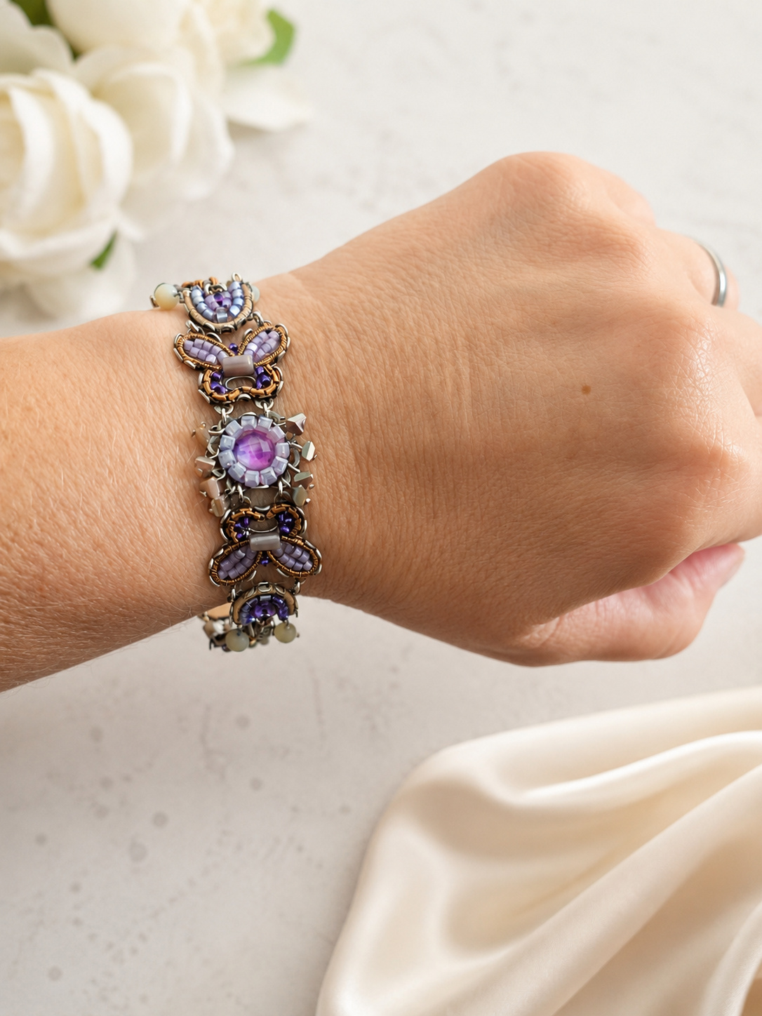 Purple Beaded Bracelet Plum Blossom Set, Plum
