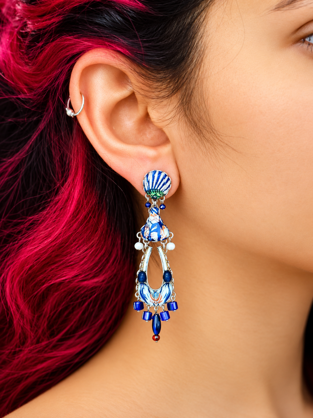 Blue Domes Set, Long Blue Glass Earrings, Athena