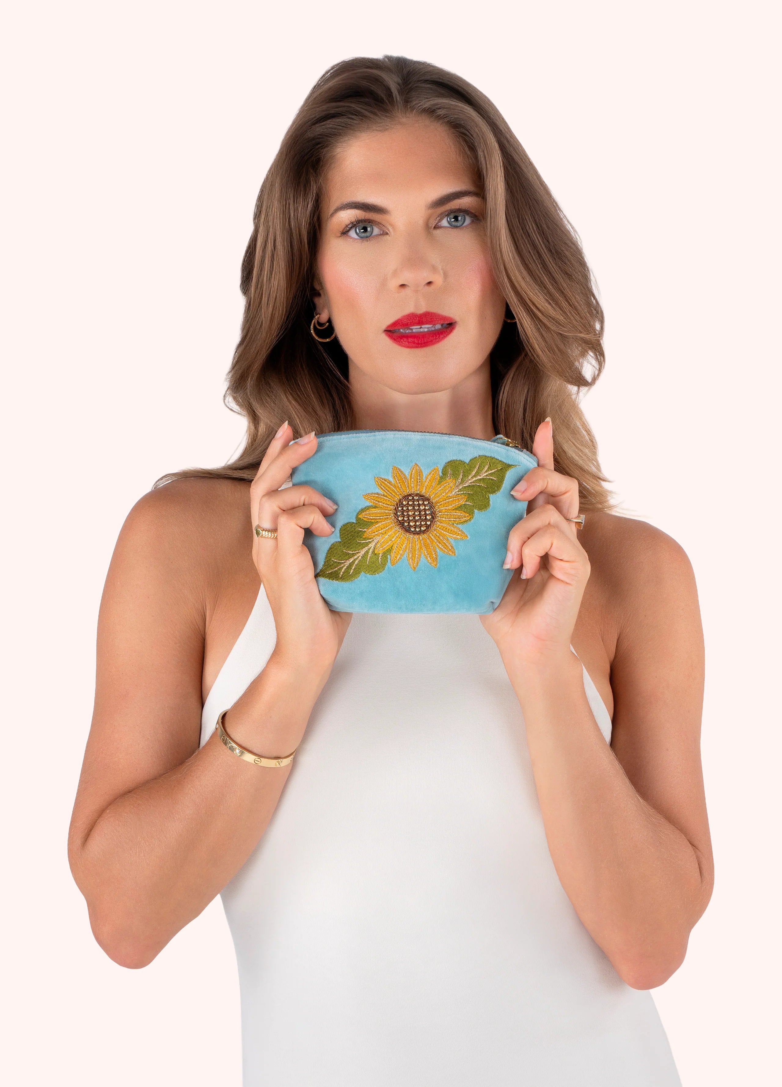 Powder - Embroidered Velvet Mini Pouch - Summer Sunflower