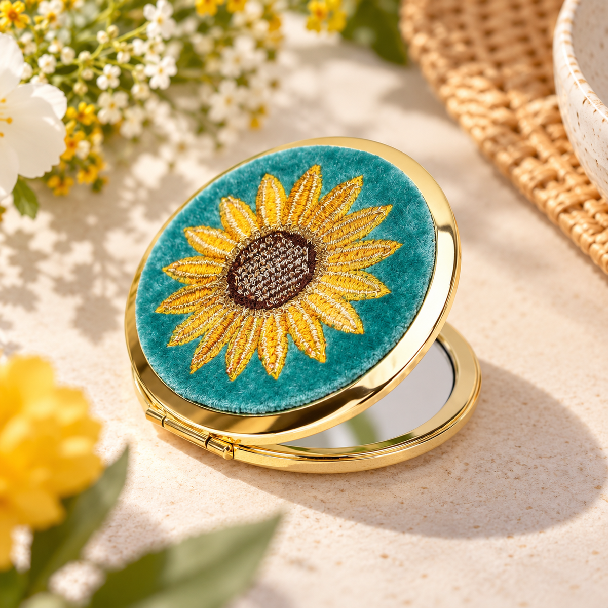 Powder - Embroidered Compact Mirror - Summer Sunflower