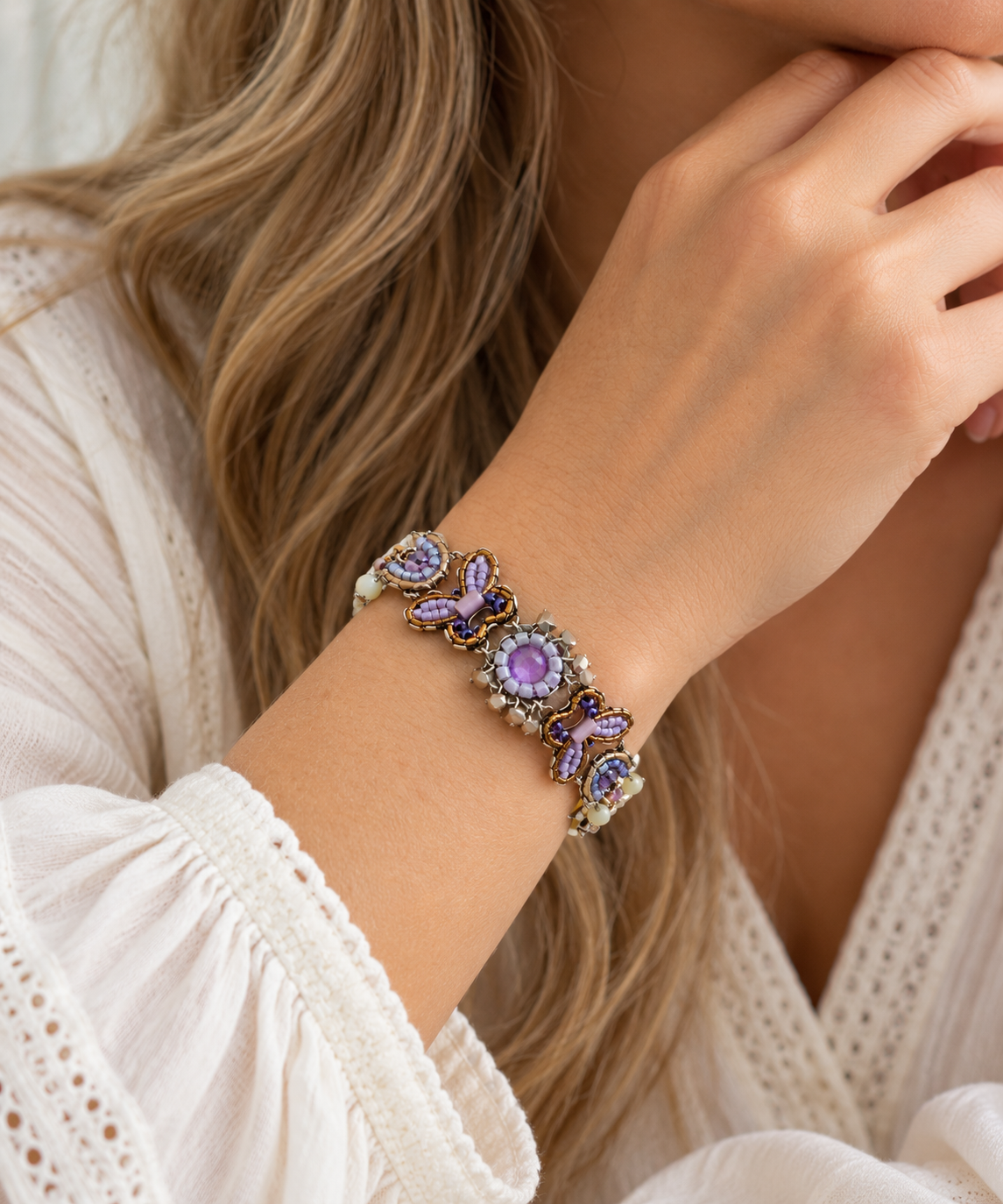 Purple Beaded Bracelet Plum Blossom Set, Plum