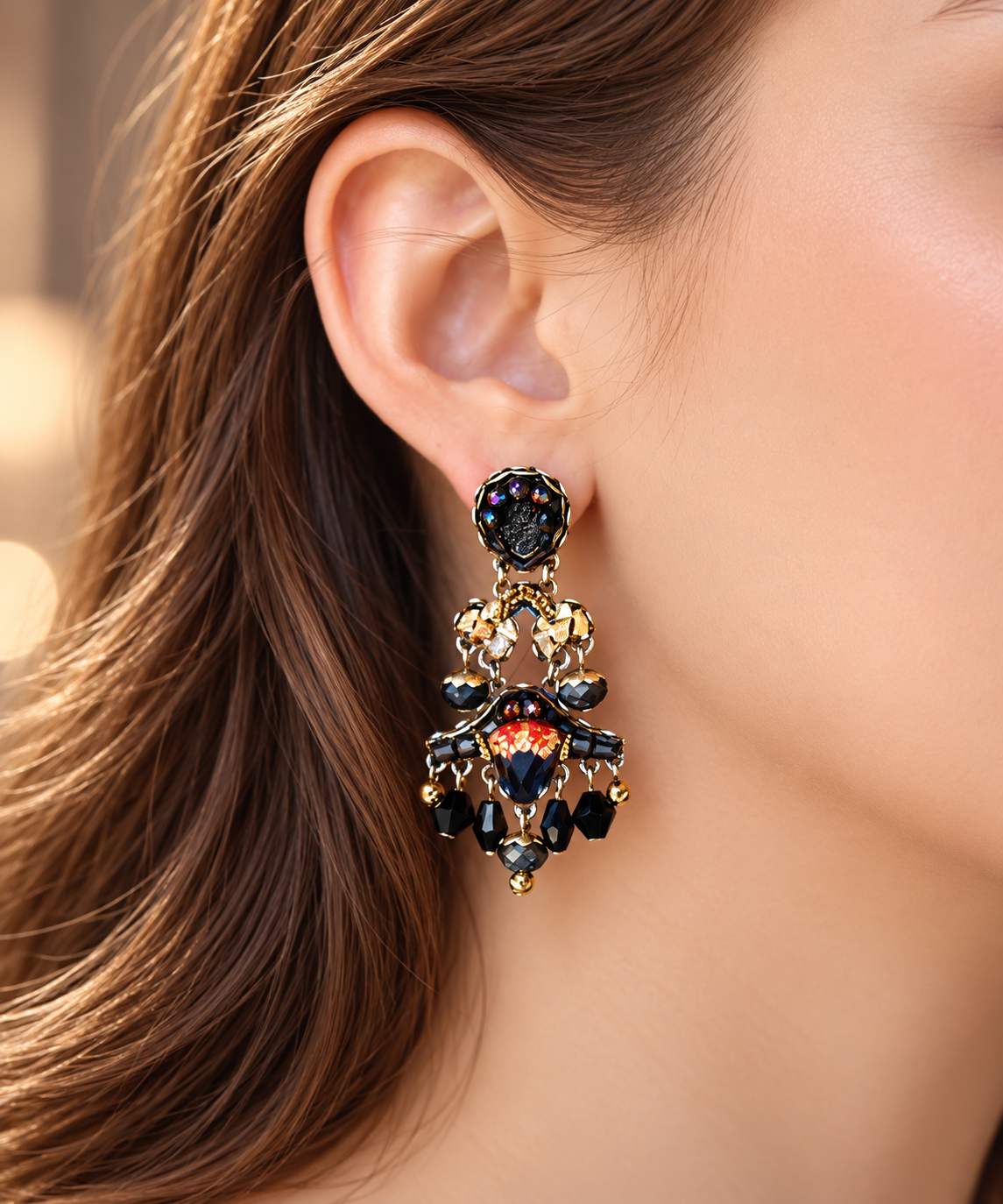 Obsidian Night Set, Beaded Earring, Sumi