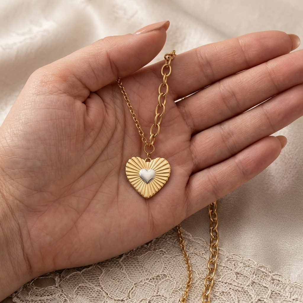 Two-Toned Heart Pendant Necklace  - Gold