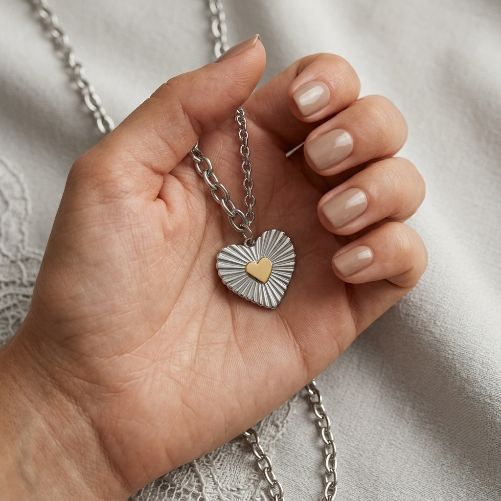 Two-Toned Heart Pendant Necklace  - Silver